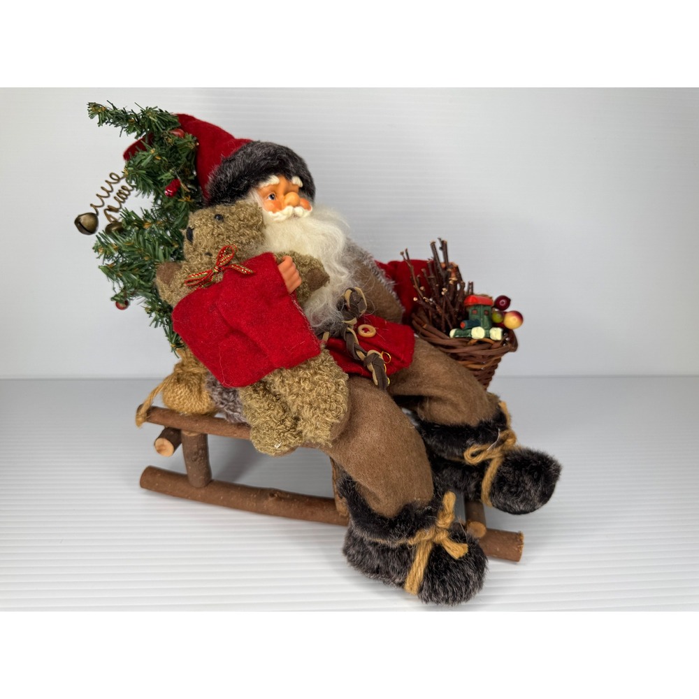 Unbranded Santa Claus Figurine Sled 10in Brown Red Wood Rustic Holiday Decor